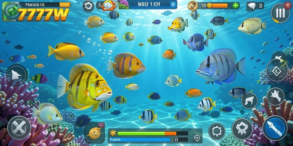 Tampilan gameplay seru dari 7777W dengan berbagai jenis ikan.