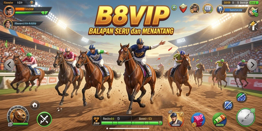 Tangkapan layar gameplay B8VIP menampilkan balapan seru di lintasan menarik.
