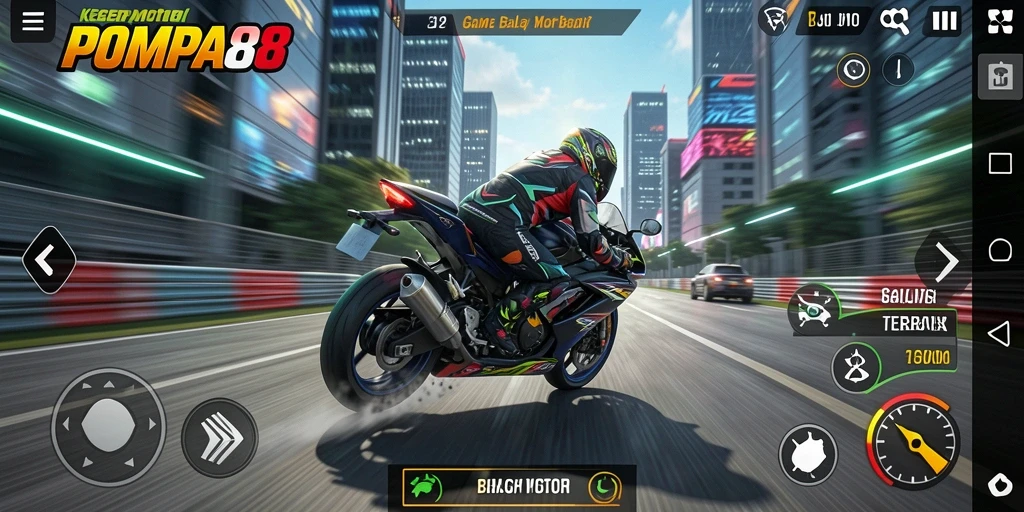 Tampilan gameplay menegangkan di POMPA88 saat balapan motor.